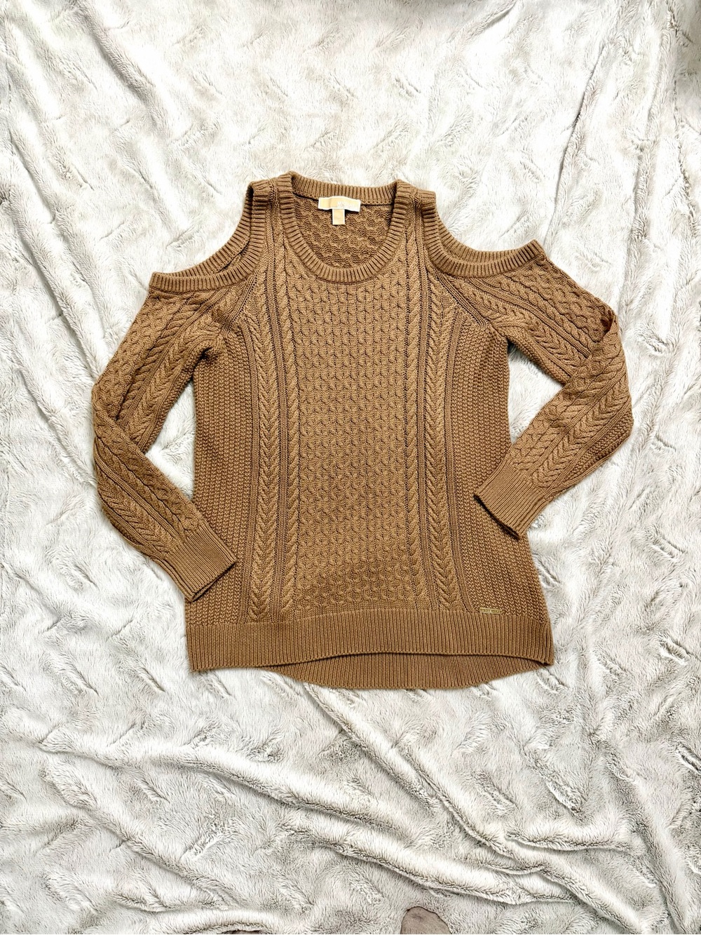 Michael Kors Camel Cold-Shoulder Cable Knit Sweater